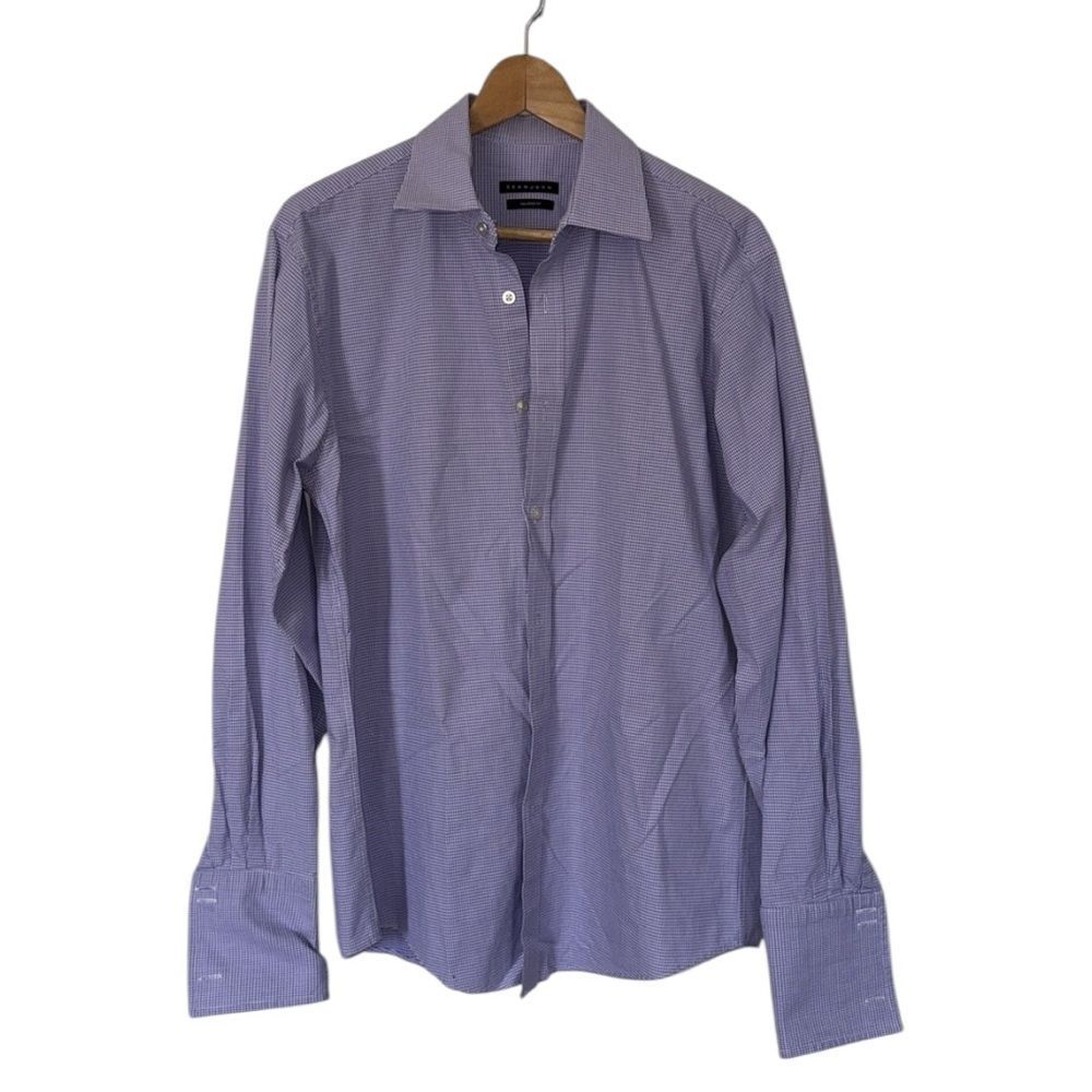 Sean John Mens Tailored Fit Dress Shirt 16 34/35 Purple Micro Gingham Cotton